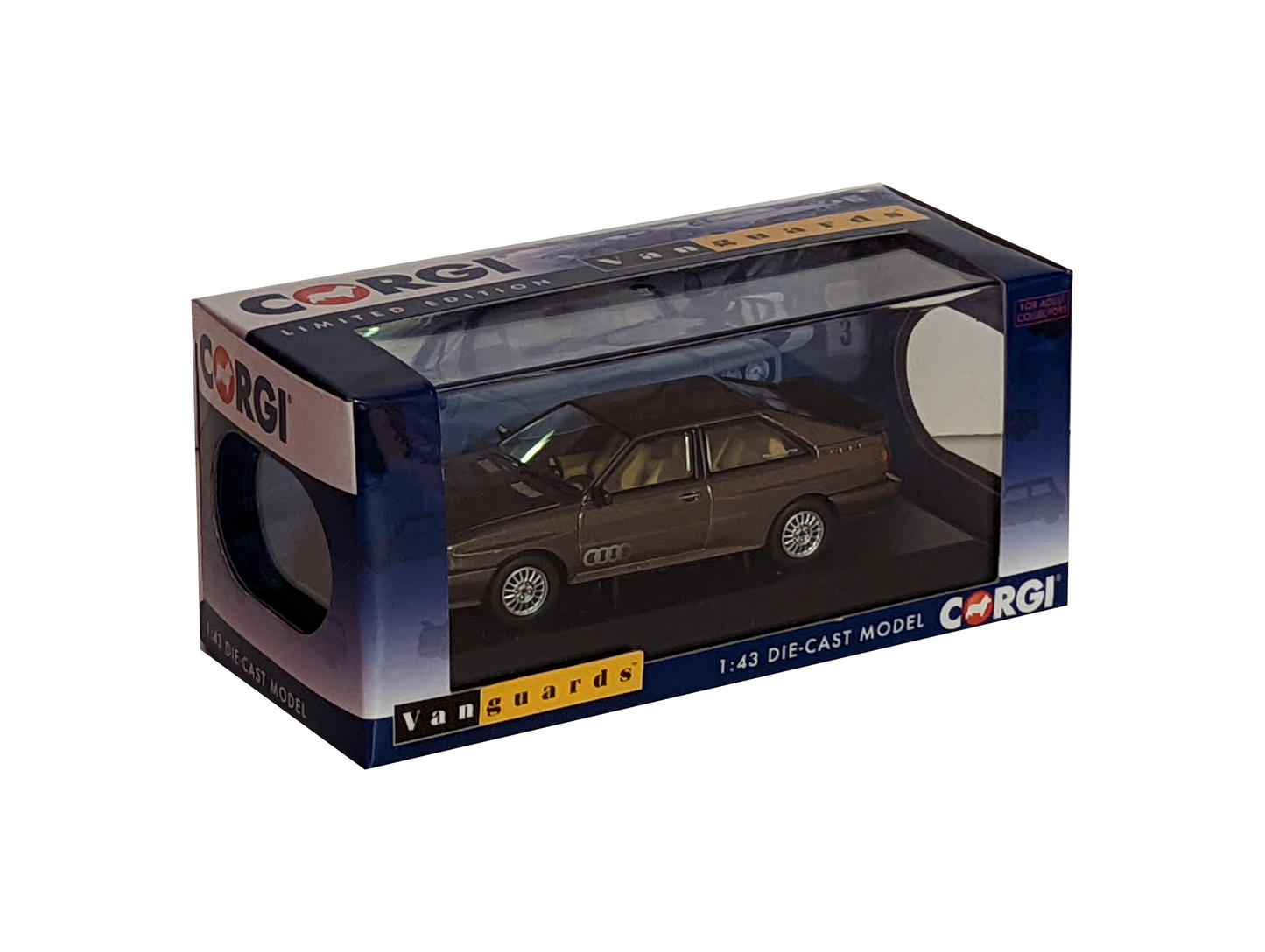 A photo of a boxed Corgi Vanguards Audi Quattro in Sable Brown.