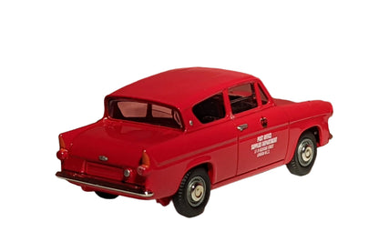 Red Corgi Vanguards Ford Anglia showing the rear and offside of the vehicle