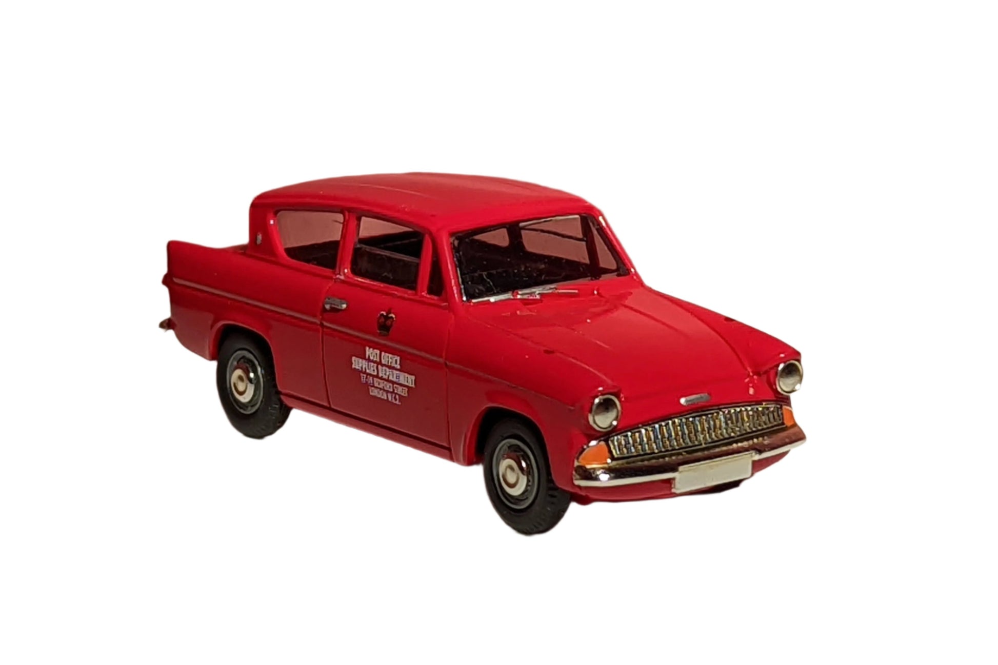 Red Corgi Vanguards Ford Anglia showing the front and offside of the model.