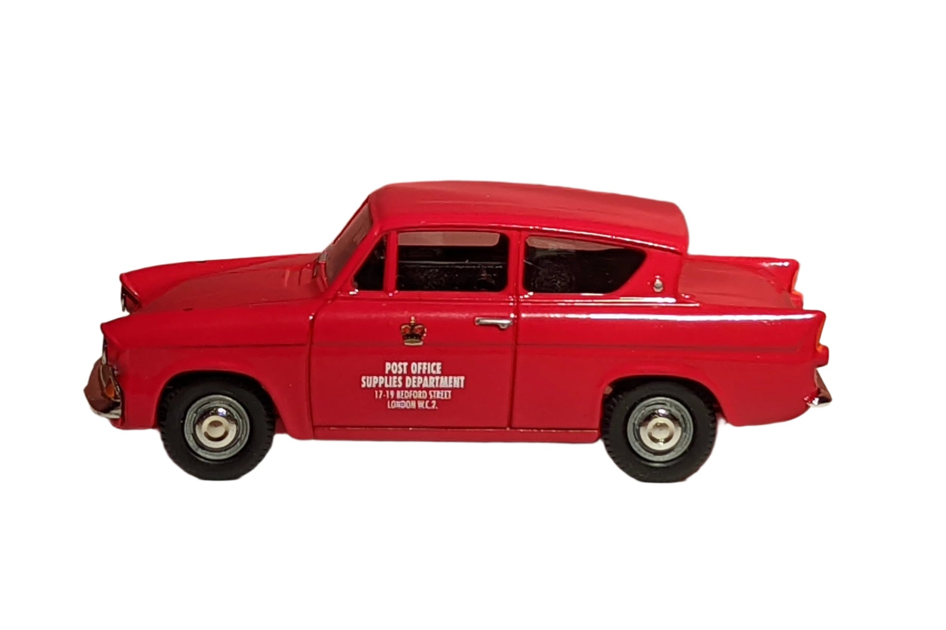 Red Corgi Vanguards Ford Anglia showing the nearside of the model